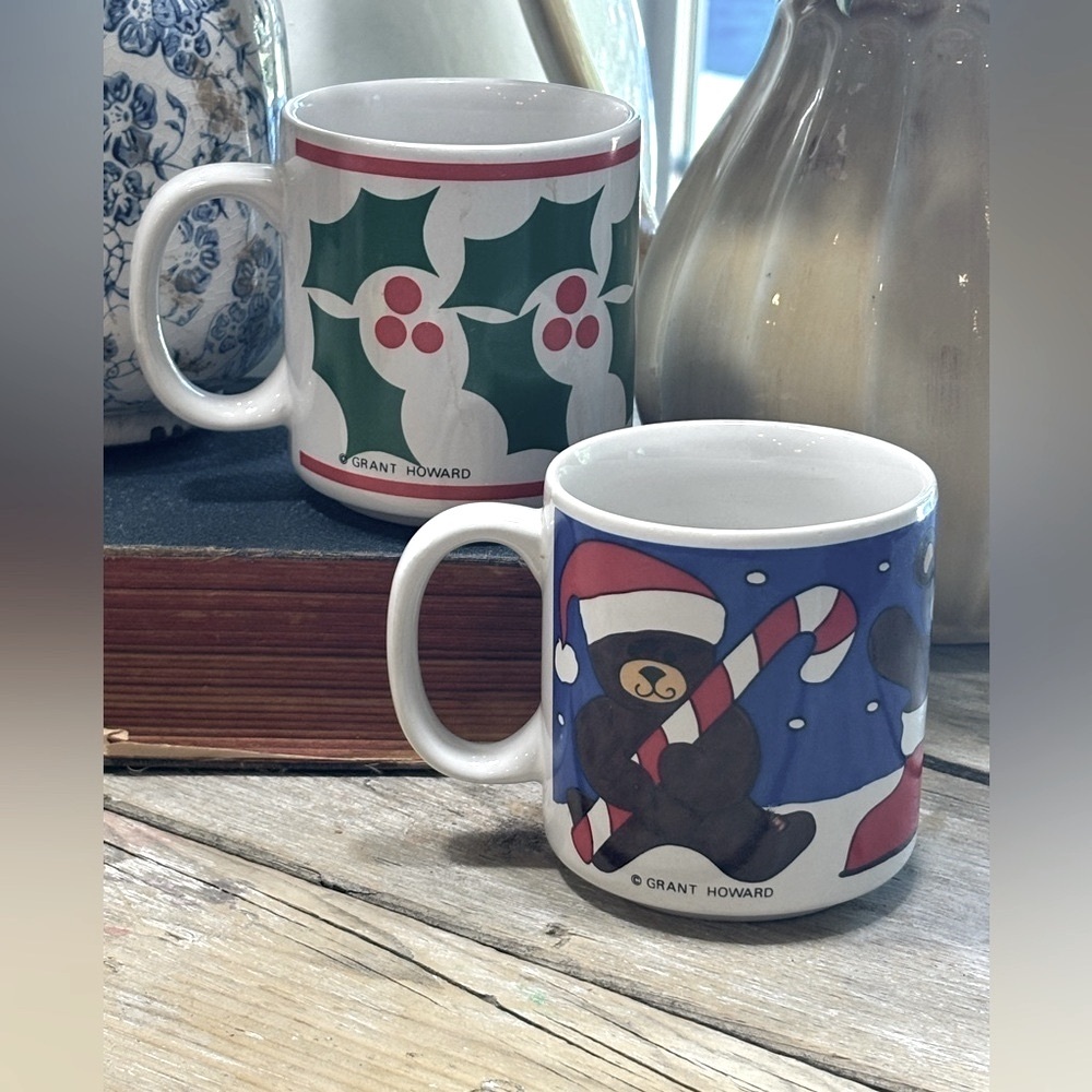 2 Vintage 70’s Grant Howard Holiday Coffee Mugs. | Holly | Stamped | Korea MCM